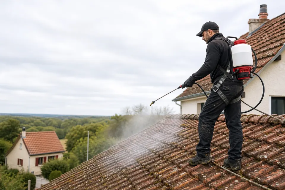 Artisan sécurisé appliquant par pulvérisation douce un traitement sur une toiture dans l'Aisne